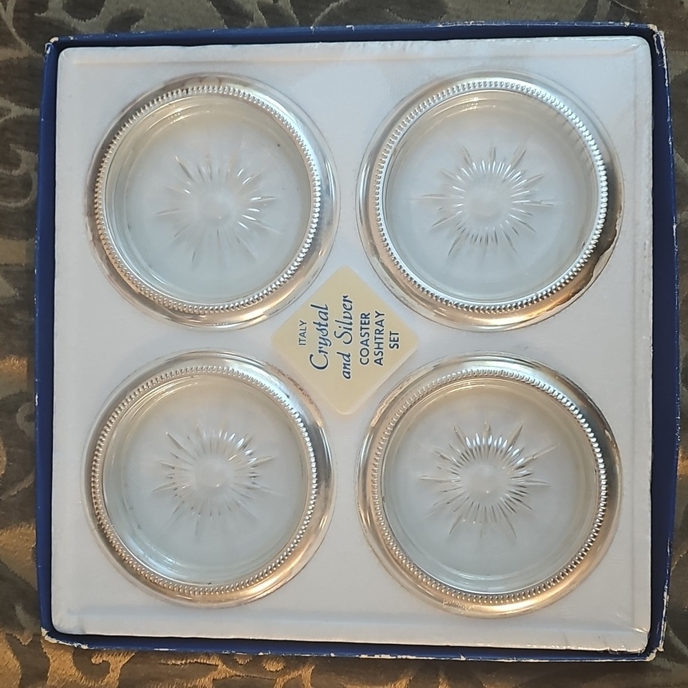 Silverplate Crystal Coaster Set 1960 Leonard Italy Ashtrays 